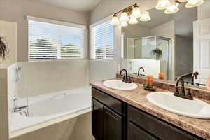 Owners On Suite Bathroom with separate tub/shower, double sink vanity, separate toilet room.