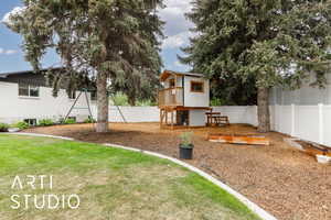 Fenced yard with a playground