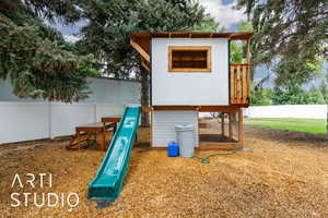 View of play area featuring a deck