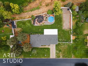 Aerial overview of property's location featuring a pool
