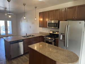 Kitchen featuring appliances with stainless steel finishes, a peninsula, french doors, dark wood-style floors, and pendant lighting