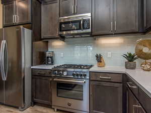 Kitchen featuring stainless steel appliances, dark brown cabinetry, backsplash, and light wood-type flooring