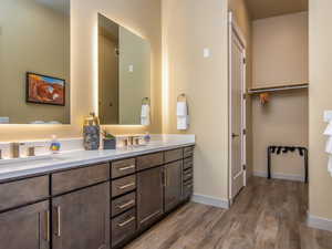 Bathroom with double vanity, light wood-style flooring, and a spacious closet