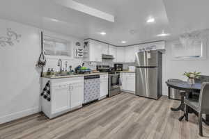 Kitchen with appliances with stainless steel finishes, white cabinets, light wood-style flooring, recessed lighting, and under cabinet range hood