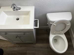 Half bathroom with dark wood finished floors and vanity