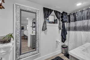 Bathroom with vanity, light wood-style floors, and a shower with shower curtain