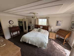 Bedroom featuring a spacious closet, a textured ceiling, carpet flooring, and ornamental molding
