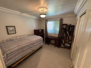Bedroom with light colored carpet and ornamental molding