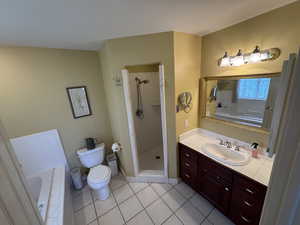 Full bathroom featuring vanity, light tile patterned floors, a garden tub, and a shower stall