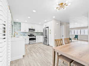 Kitchen featuring white cabinetry, stainless steel appliances, light wood-type flooring, and recessed lighting