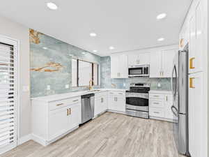 Kitchen with appliances with stainless steel finishes, white cabinetry, decorative backsplash, light wood finished floors, and recessed lighting