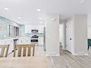 Kitchen featuring white cabinetry, stainless steel appliances, recessed lighting, light wood finished floors, and backsplash