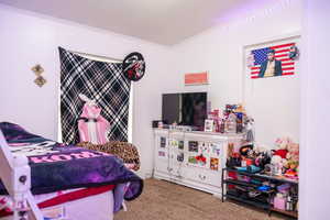 Carpeted bedroom featuring ornamental molding and a textured ceiling