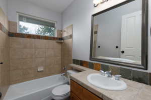 Full bathroom featuring washtub / shower combination, vanity, and tasteful backsplash