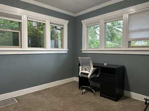 Home office with a textured wall, dark carpet, and crown molding