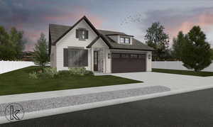 Modern farmhouse featuring driveway and roof with shingles