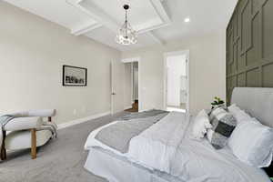 Bedroom with beamed ceiling, carpet, a chandelier, and recessed lighting