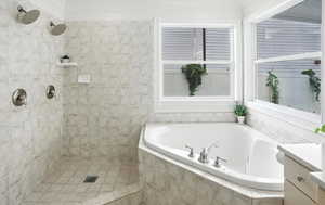Bathroom featuring a shower stall, vanity, and a garden tub