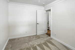 Carpeted spare room with ornamental molding and baseboards