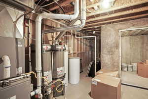 Utility room featuring 2 water heaters and water softener