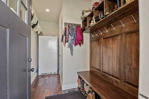 Mudroom with dark wood-style floors and recessed lighting