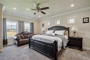 Bedroom featuring light carpet, crown molding, ceiling fan, a textured ceiling, and recessed lighting