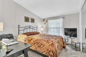 Bedroom with carpet flooring and vaulted ceiling