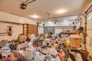 Garage featuring a workshop area and a garage door opener