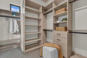 Spacious closet featuring light colored carpet