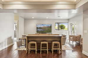 Bar with dark wood-type flooring and recessed lighting