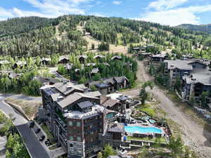 Aerial view of a pool area and a heavily wooded area