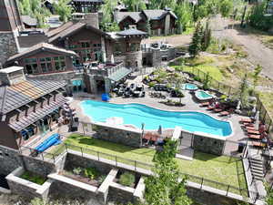 Drone / aerial view of a pool area