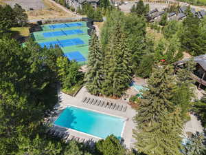 Drone / aerial view of a pool