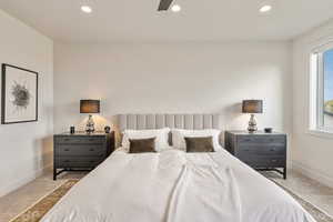 Bedroom with carpet flooring, recessed lighting, and a ceiling fan