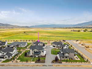 Aerial perspective of suburban area featuring mountains