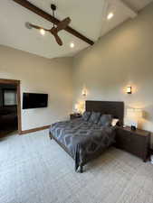 Carpeted bedroom featuring a ceiling fan and recessed lighting