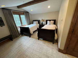 Bedroom featuring recessed lighting and light carpet