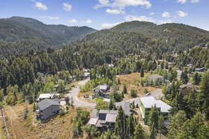 Aerial view of property and surrounding area with a forest and a mountain backdrop