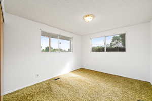 Unfurnished room with carpet and a textured ceiling