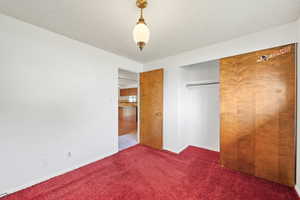 Unfurnished bedroom featuring a textured ceiling, carpet floors, and a closet