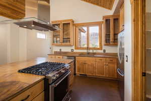 Kitchen with island exhaust hood, stainless steel appliances, glass insert cabinets, lofted ceiling, and brown cabinets