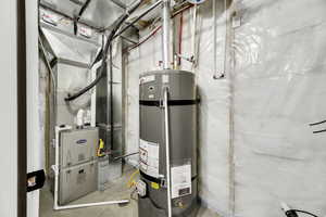 Utility room featuring strapped water heater and heating unit