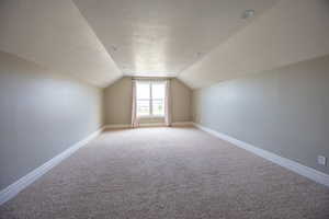 Additional living space featuring light carpet, lofted ceiling, and a textured ceiling