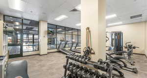 Exercise room featuring light colored carpet and a drop ceiling