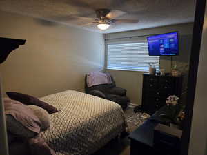 Carpeted bedroom with a textured ceiling and a ceiling fan