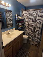 Full bath with vanity, dark tile patterned flooring, and a shower with curtain