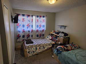 Bedroom with a textured ceiling and carpet