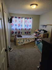 Bedroom with carpet and a textured ceiling