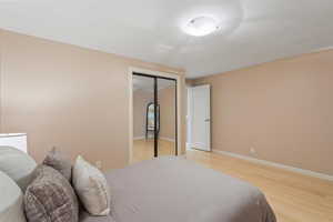 Bedroom featuring light wood finished floors and a closet