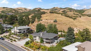 Drone / aerial view of a mountainous background